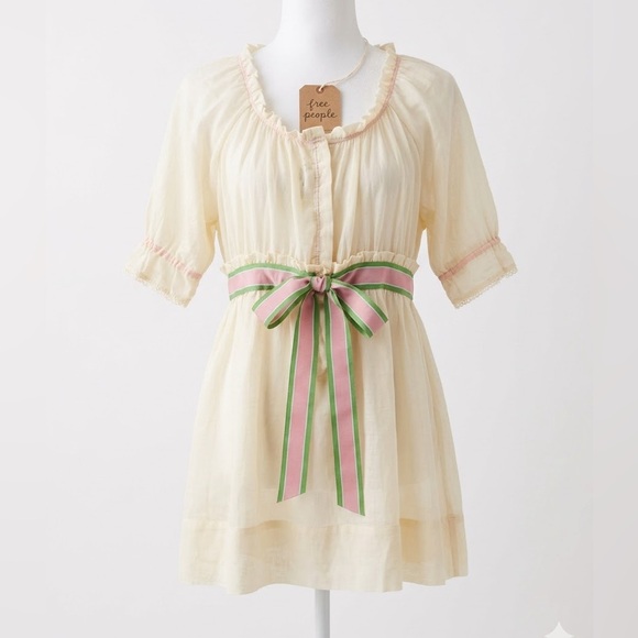 Free People Tops - NWT Free People Cream Gauze Empire Waist Tunic Blouse – Pink & Green Ribbon